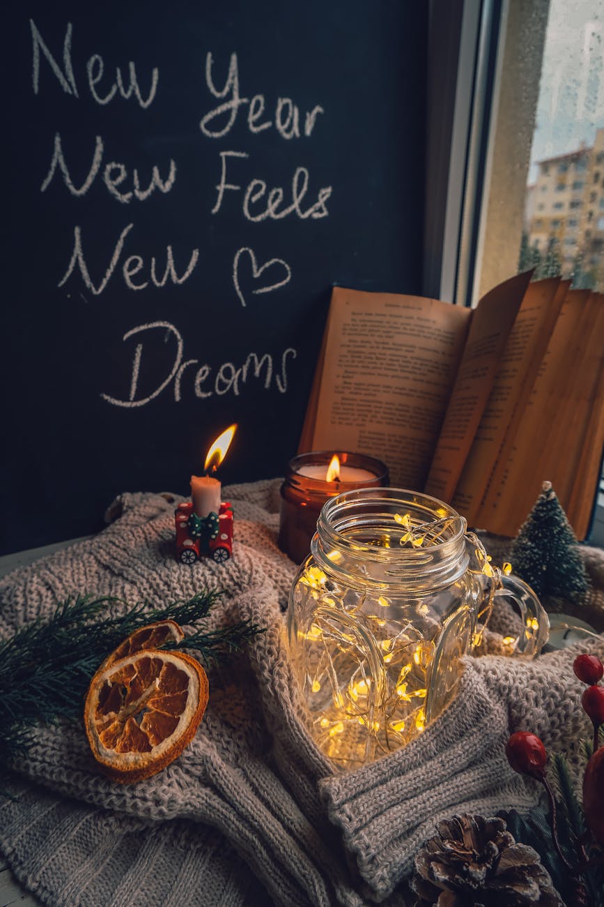 christmas decoration by the blackboard with the new years slogan